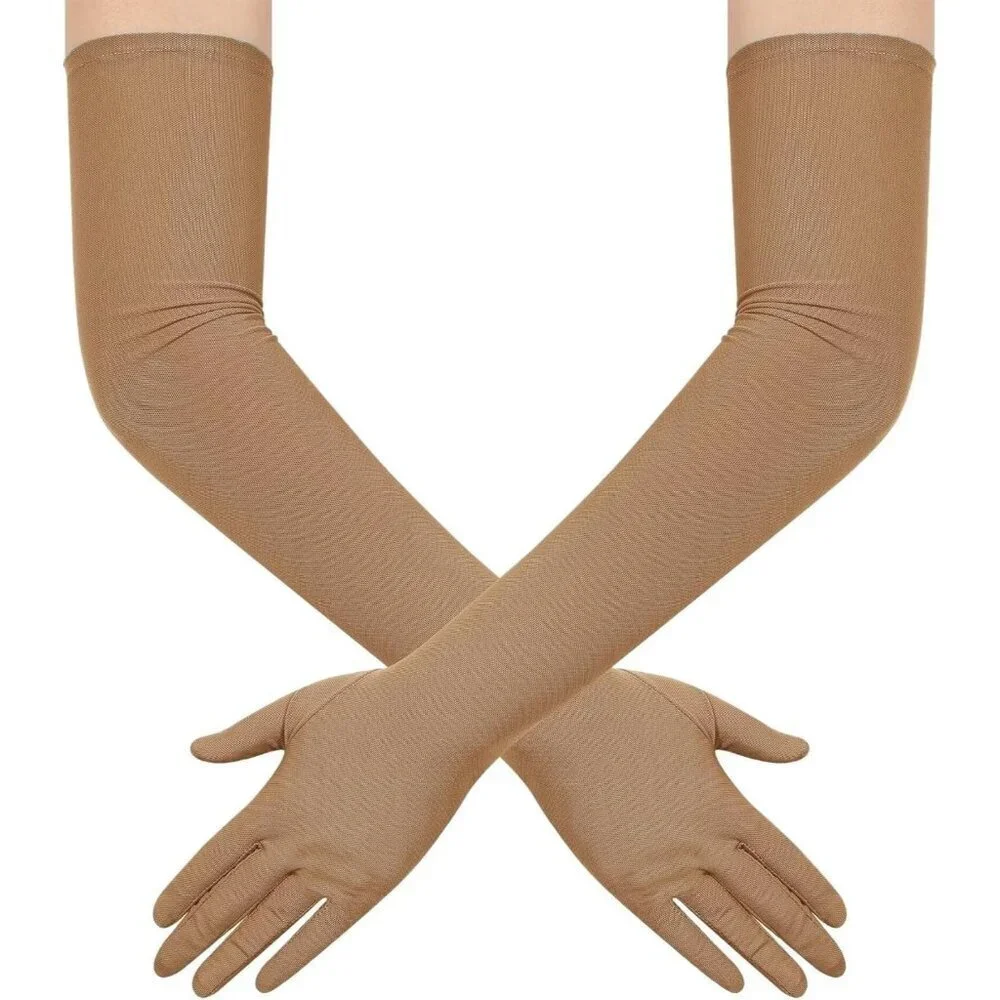 Women's Tulle Mesh Khaki Long Stretchy Gloves Halloween Party Wedding Costume